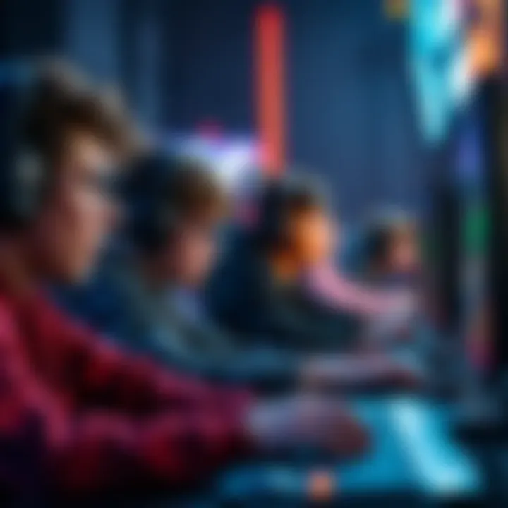 A group of gamers intensely competing in a player versus player match on their screens, showing excitement and focus.