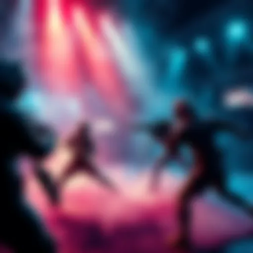 A group of PVP players engaged in intense combat in a digital arena, showcasing their skills in an exclusive lobby.