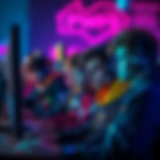 A group of gamers intensely focused on screens, engaged in a PVP match, displaying various emotions like excitement and frustration.