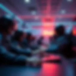 A group of aggressive PvP players in a virtual gaming lobby, showcasing intense interactions