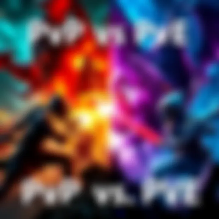 A split-screen showing PvE characters fighting monsters on one side and players in tactical combat on the other side.