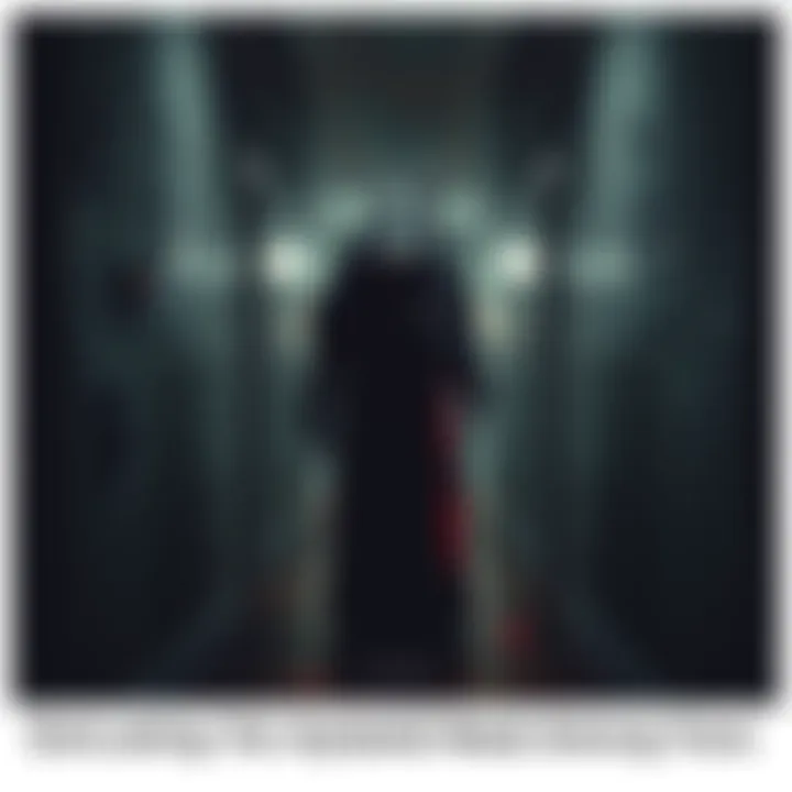 Pyramid Head standing in a dark hallway A menacing figure with a large pyramid-shaped helmet and a bloody sword in a dimly lit corridor, representing horror and fear.