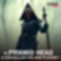 Pyramid Head, a tall figure with a large triangular helmet and a bloody blade, stands in a foggy environment, showcasing his intimidating presence.