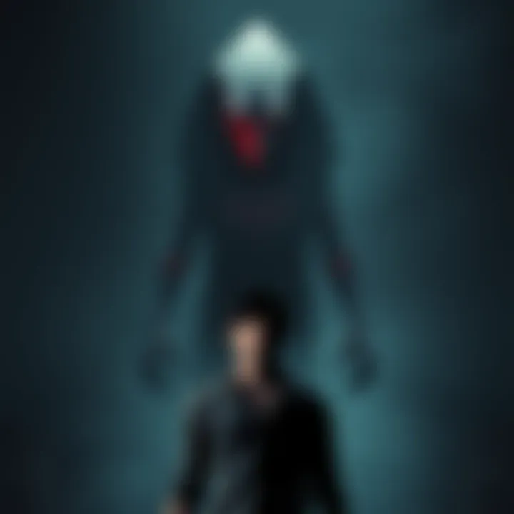 Pyramid Head stands menacingly over James, who looks fearful and confused in a dark and foggy environment.