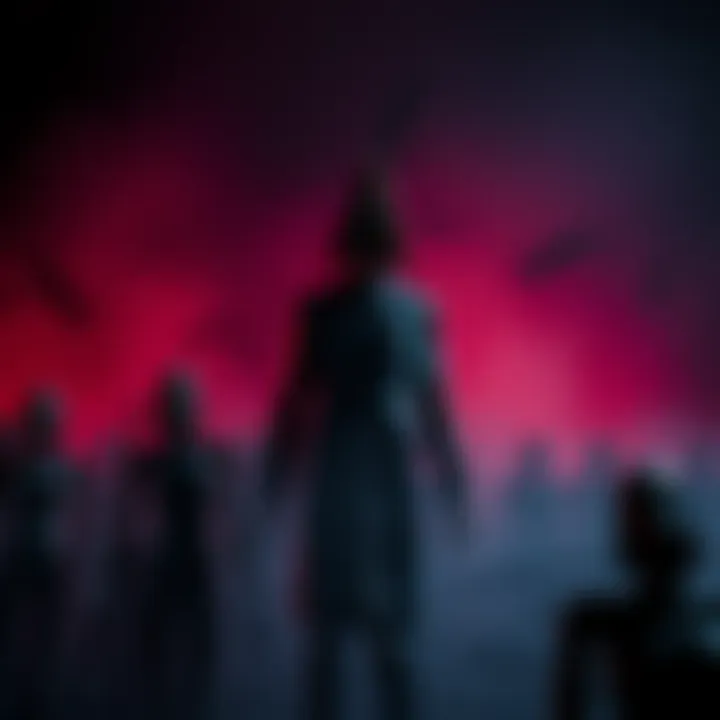 A menacing figure, Pyramid Head, stands among broken mannequins in a foggy, dark environment, representing psychological horror.