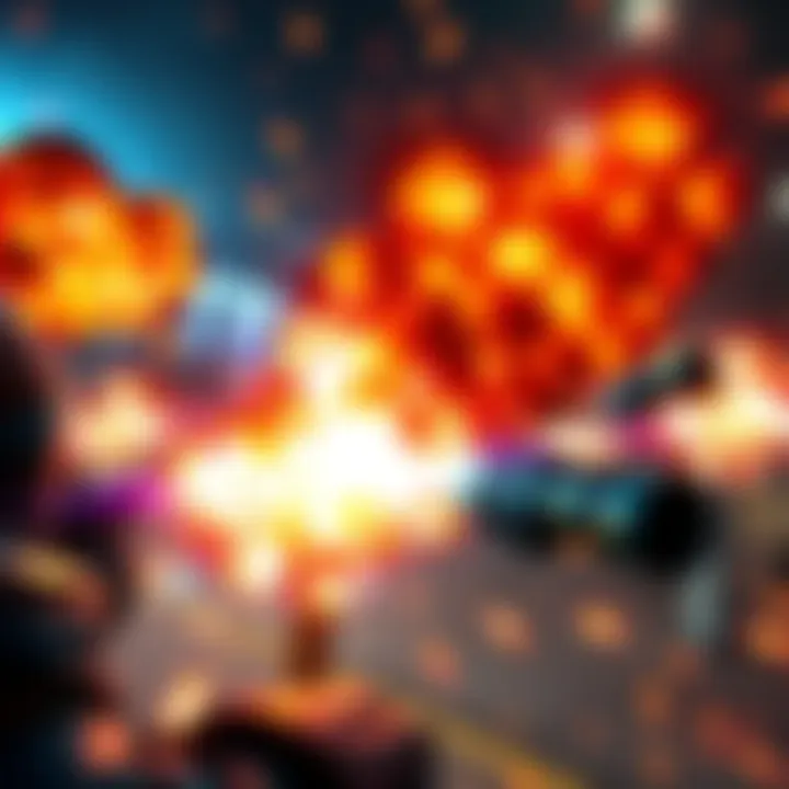 A dynamic scene from RESOGUN featuring fiery explosions and intense gameplay with the Pyro build in action.