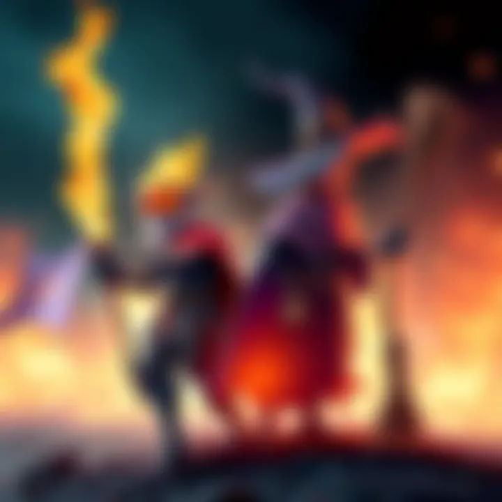 A Pyro character with flames on one side and a Witch with a broom on the other, ready for battle in midwars
