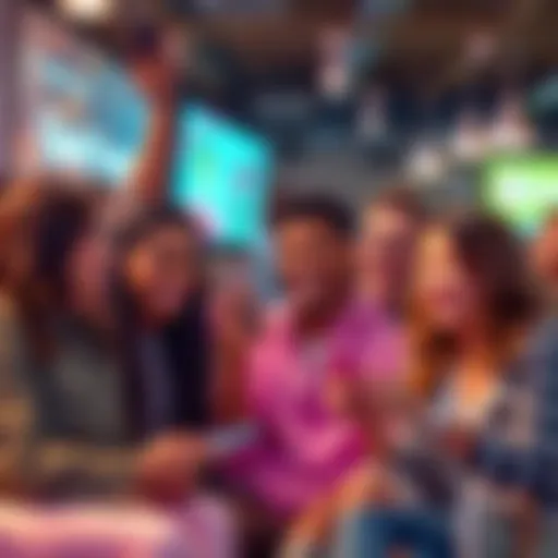 A diverse group of young adults joyfully participating in the Quad Boop trend, sharing laughs and interacting with their phones in a lively atmosphere