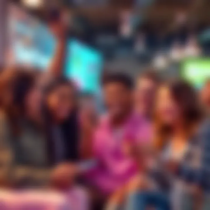 A diverse group of young adults joyfully participating in the Quad Boop trend, sharing laughs and interacting with their phones in a lively atmosphere