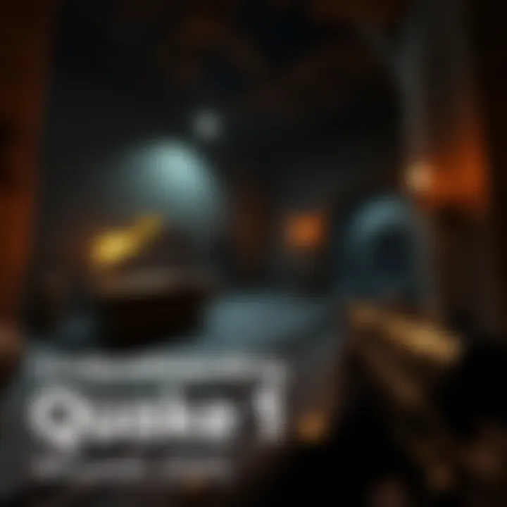 A classic Quake 1 gameplay scene showing action in a dark, textured environment with a player character and weapons.