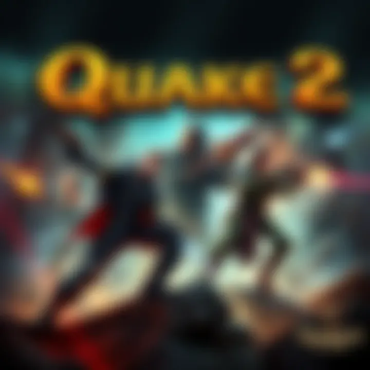 The cover art of Quake 2 showcasing its iconic characters and action scenes, highlighting its unique gameplay and vibrant weapon designs.