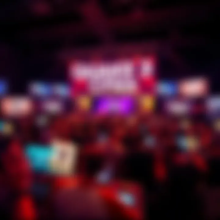 A group of gamers celebrating at The Contenders 3 event, surrounded by Quake 3 themed decorations and screens showcasing gameplay highlights.