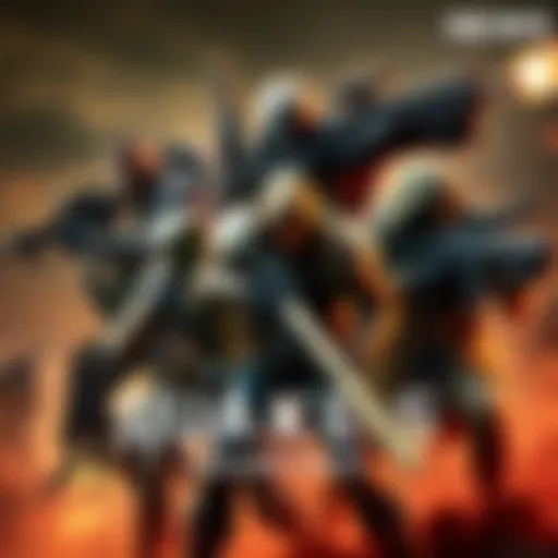 A group of diverse characters from the Quake series in a dynamic action pose, showcasing their unique designs and weapons in a competitive gaming environment.