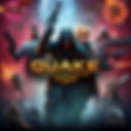 Promotional image for Quake Champions showing various champions and gameplay action, highlighting the transition to a paid model on Steam.