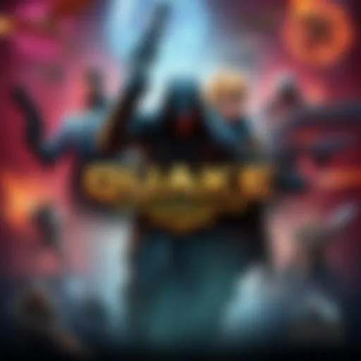 Promotional image for Quake Champions showing various champions and gameplay action, highlighting the transition to a paid model on Steam.