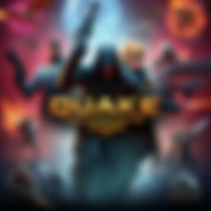 Promotional image for Quake Champions showing various champions and gameplay action, highlighting the transition to a paid model on Steam.