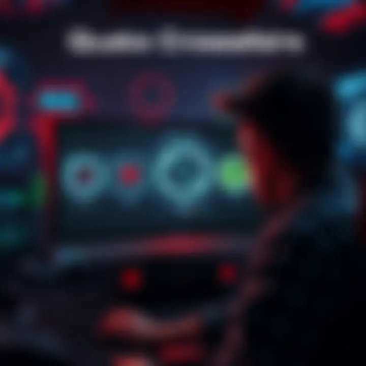 A game developer looking at a computer screen showing various crosshair designs for Quake remaster, surrounded by digital graphics.