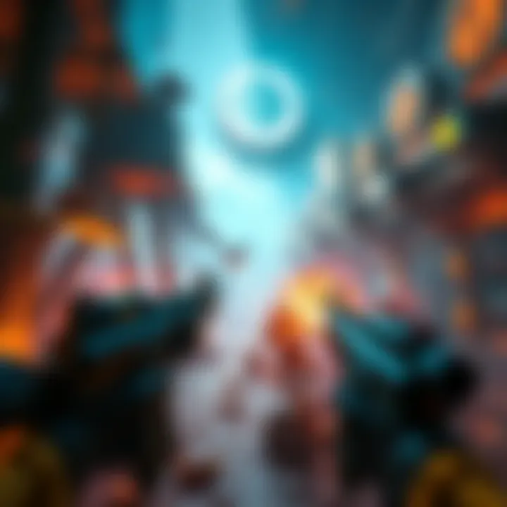 A vibrant image of the Quake game setting, showcasing players engaging in fast-paced action in a digital arena with weapons and dynamic backgrounds.