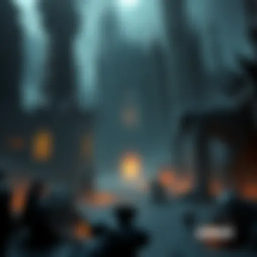 Quake Game Scene A dark, eerie landscape featuring Lovecraftian creatures and gothic architecture, reminiscent of the original Quake game.