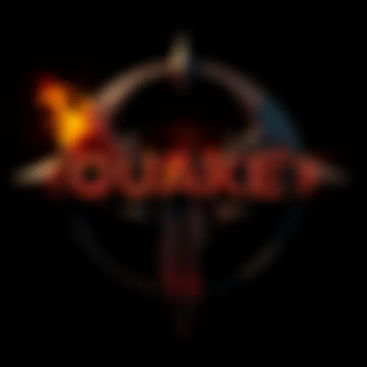 The iconic Quake logo with a dark background, featuring sharp, bold lettering and a fiery design element.
