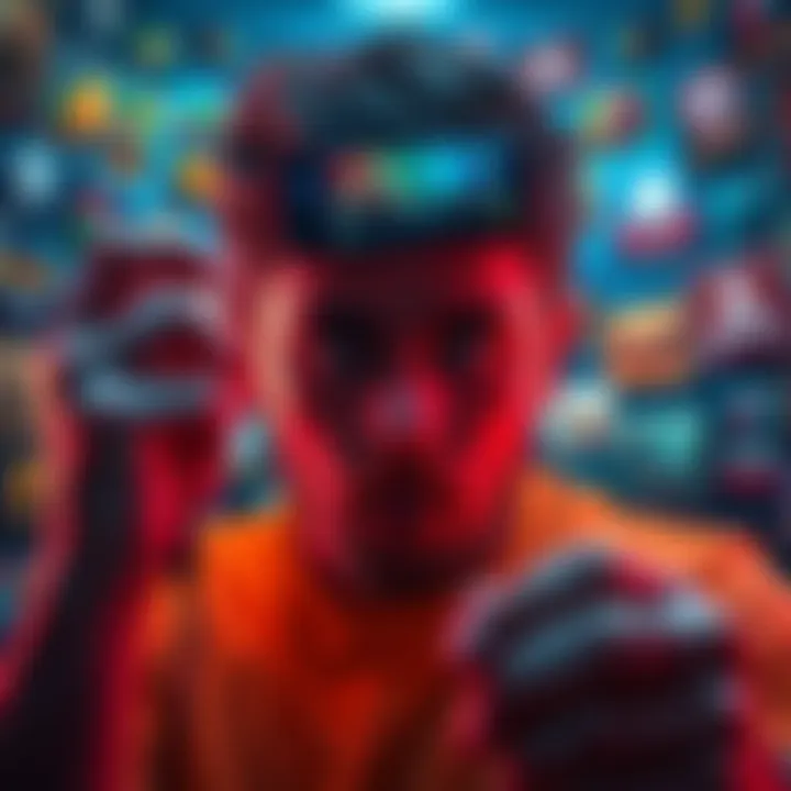 Quality AD Games Search A frustrated gamer looking through a smartphone screen with ads for games, surrounded by icons of poorly rated games