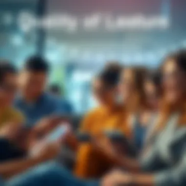 A group of people experiencing new features on various devices, smiling and engaged.