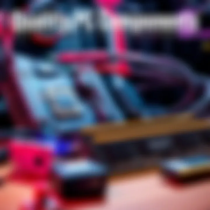A close-up of various high-quality PC components including a motherboard, graphics card, and RAM sticks arranged on a workbench.