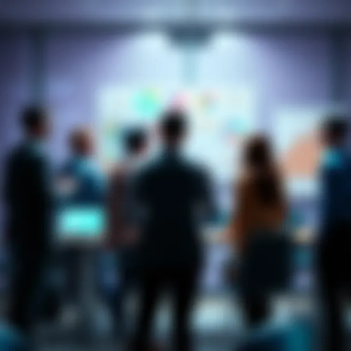 A visual representation of people discussing quality standards and aesthetics in a meeting room, with charts and designs in the background.