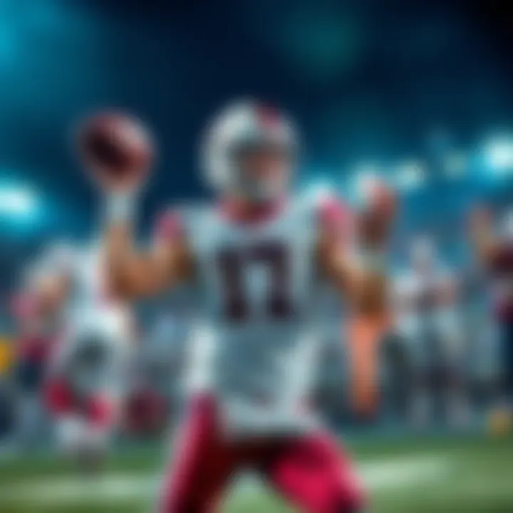 A quarterback in action, releasing the football during a passing play in a football game.