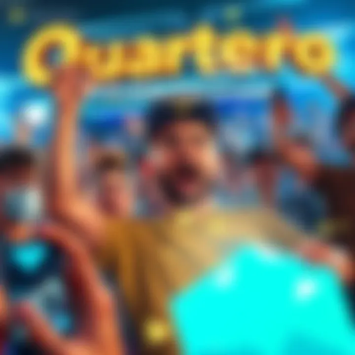 A crowd reacts excitedly to the news of Quartero's Level 40 prize, with a focus on a surprised man named Gabe.