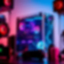 A modern PC case made of quartz glass, showcasing its transparency and sleek design, surrounded by gaming equipment.