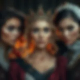 A tense moment showing three women in a trio, with one woman in a crown and the other two displaying strong emotions, highlighting their disagreement.