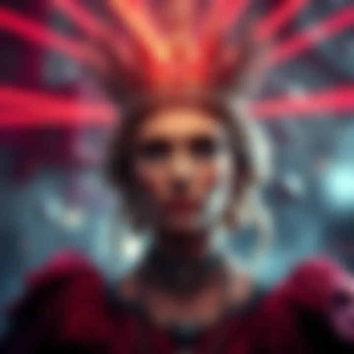 A Queen wearing a crown with laser beams shooting from her head, causing chaos in her surroundings.