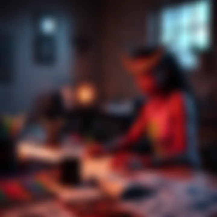 Queer player creating a tiefling character A queer player at a gaming table designing a tiefling character for Dungeons and Dragons, showcasing vibrant art supplies and character sheets.