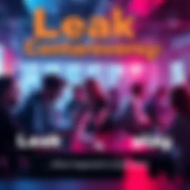 A group of people discussing a character leak in a lively forum setting with laptops and phones