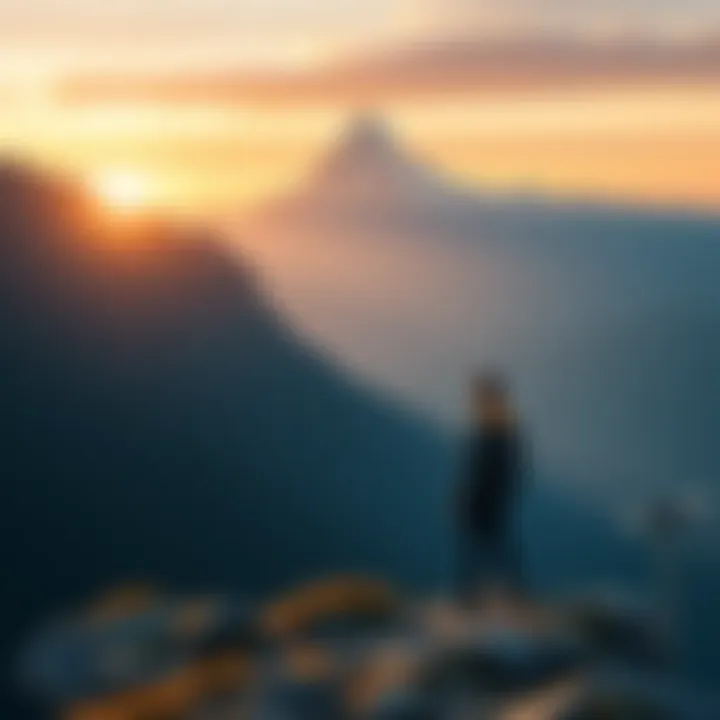 Beginning and End of a Quest A person standing at the start point of a journey, looking ahead towards a distant mountain peak, symbolizing growth and change during their quest.