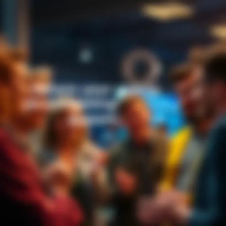 A group of people sharing their experiences about completing quests with smiles and gestures.