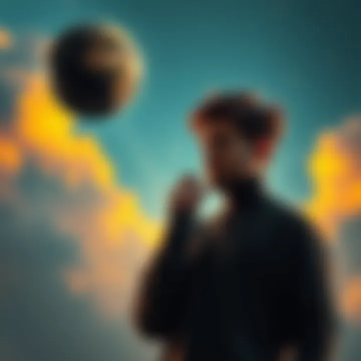 A person pondering the concept of gravity while looking at a floating object, symbolizing the challenge to accepted physics.