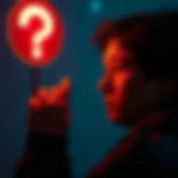 A person looking thoughtfully at a question mark sign, symbolizing the exploration of truth and perception.
