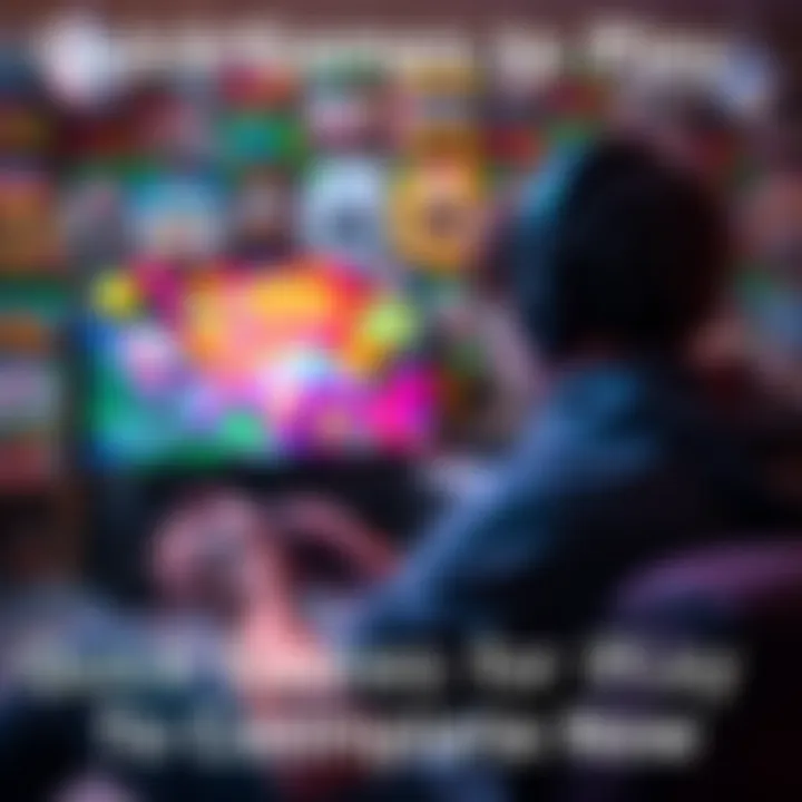 A gamer enjoying a colorful video game on a console, with various game cases in the background