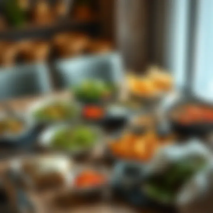 A table set with easy meal options like salads, wraps, and snacks that require minimal cooking effort.