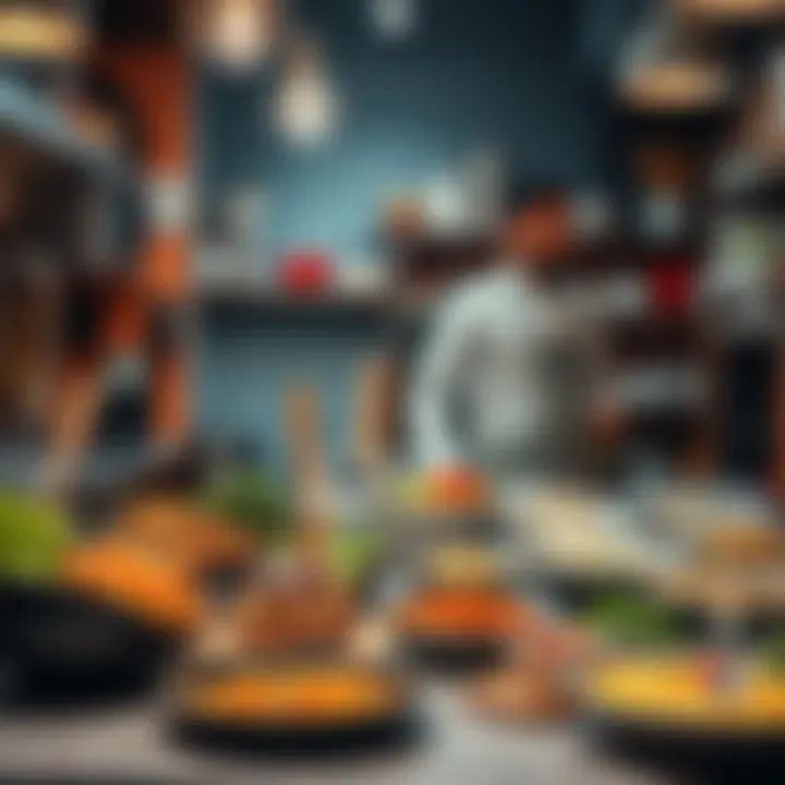 A busy kitchen with simple meal options, including ready-made dishes and easy recipes displayed on the counter
