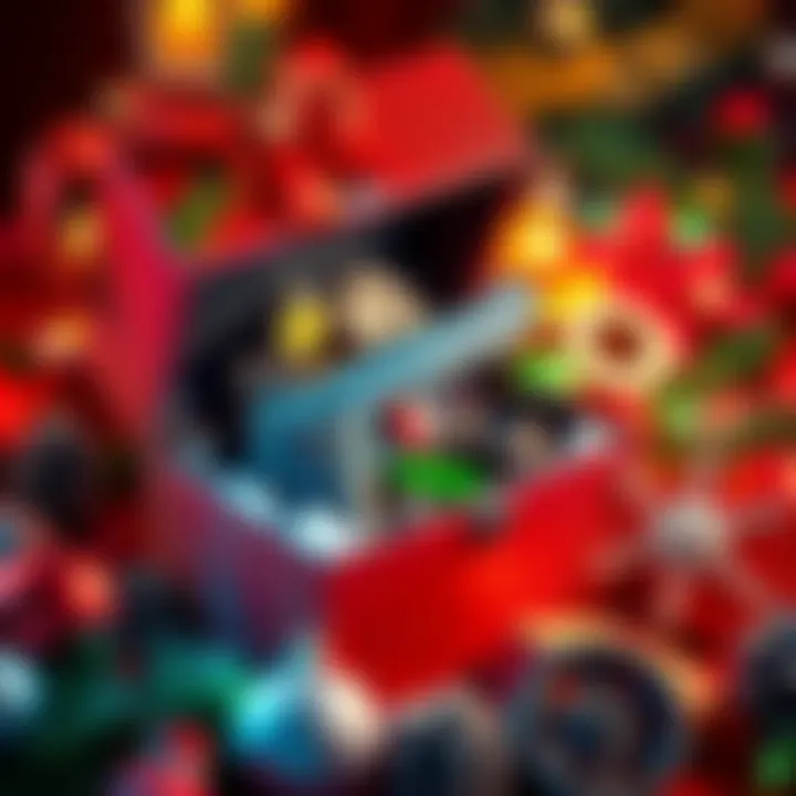 A colorful Christmas gear box surrounded by festive decorations, showing the Quickstep pistol prominently inside.