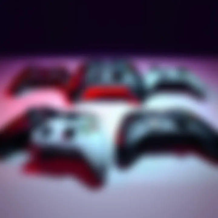 A variety of quieter Xbox controllers laid out next to the original model, showcasing ergonomic designs and muted colors, ideal for silent gaming.