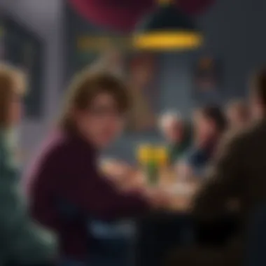 A Dungeons and Dragons character with a sad expression, sitting quietly at a table while others engage in animated conversation, showcasing the roleplaying aspect of a quiet character.