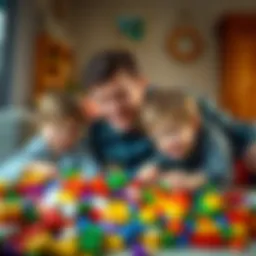 Quin smiles with his children as they play with colorful Lego bricks in a cozy living room