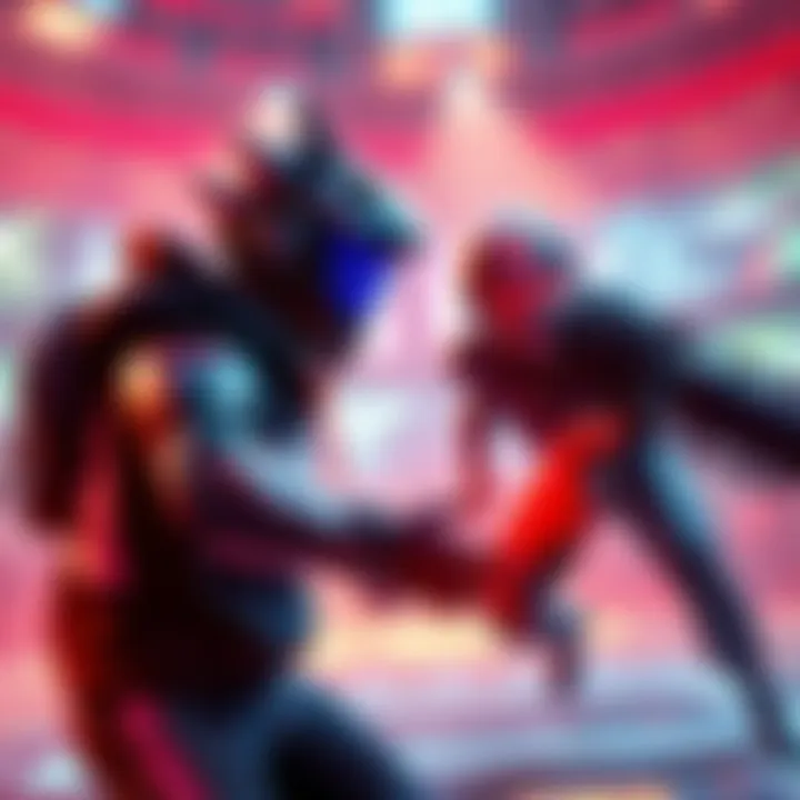 Quin69 battling an advanced AI in a virtual arena with gaming elements all around.