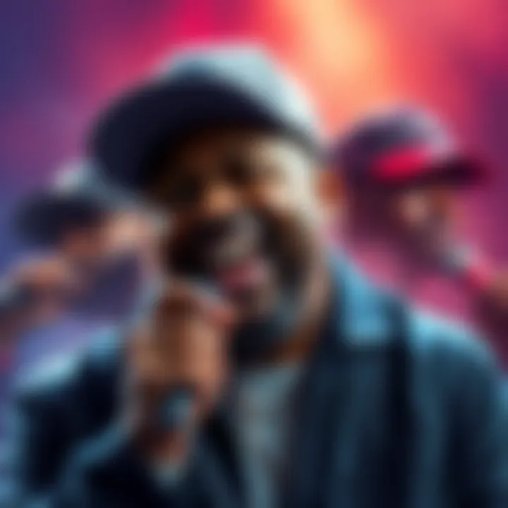 Quincy smiling while wearing a cap and holding a microphone, surrounded by images of MF DOOM and other rap legends like Mos Def, highlighting their impact on music.