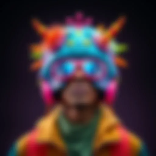 A person showcasing a goofy hat with bright colors and unusual designs, emphasizing Embark's unique style choices