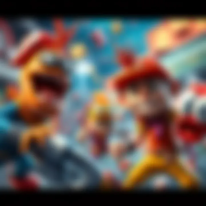 Colorful characters with silly designs engaged in chaotic gameplay, creating a fun and humorous scene.